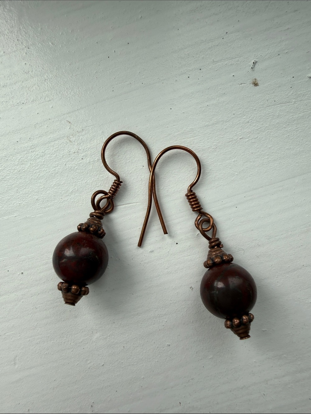 Hand Crafted Deep Red Brown Jasper Bead Drop Earrings with Copper Accents